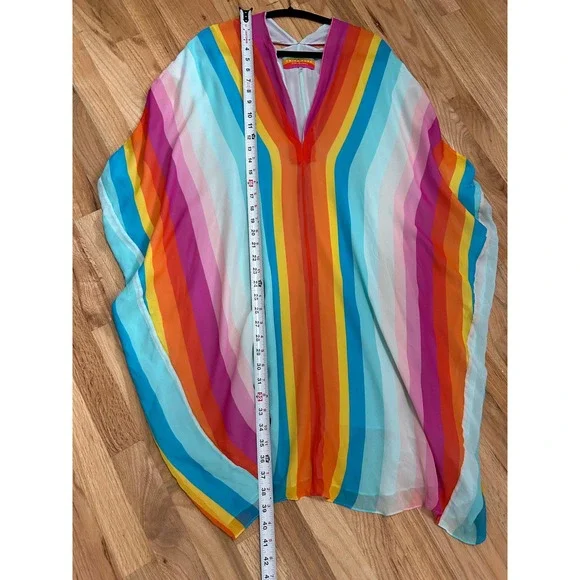 Trina Turk 25th Anniversary Rainbow Stripe Silk Lined Kaftan Tunic Dress Large - Picture 7 of 9